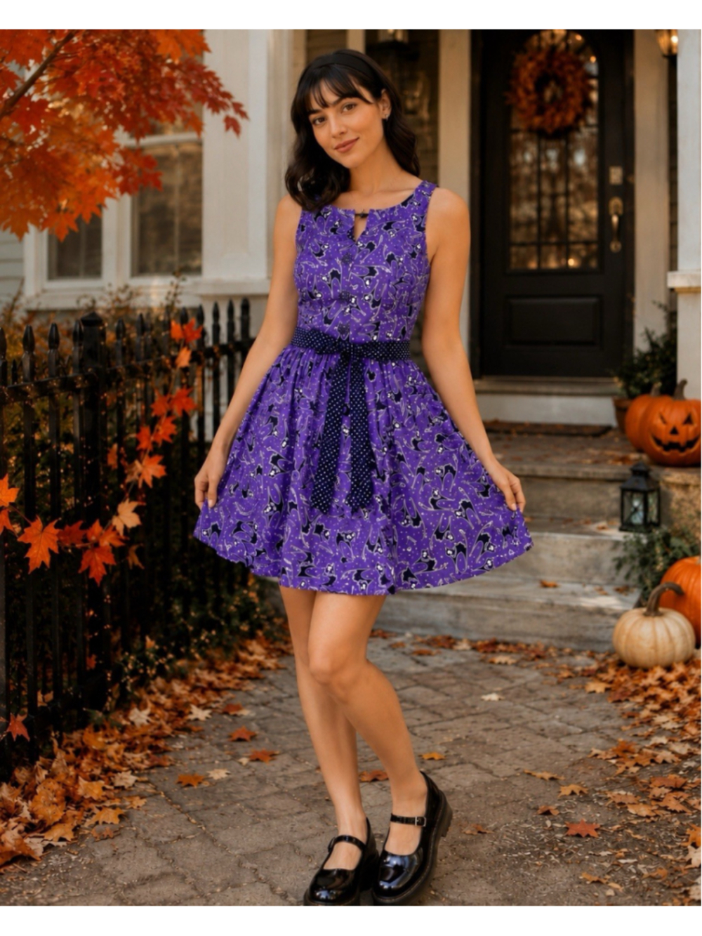 Retrolicious Purple Black Cat Print Fit & Flare Dress Medium Cotton Made USA